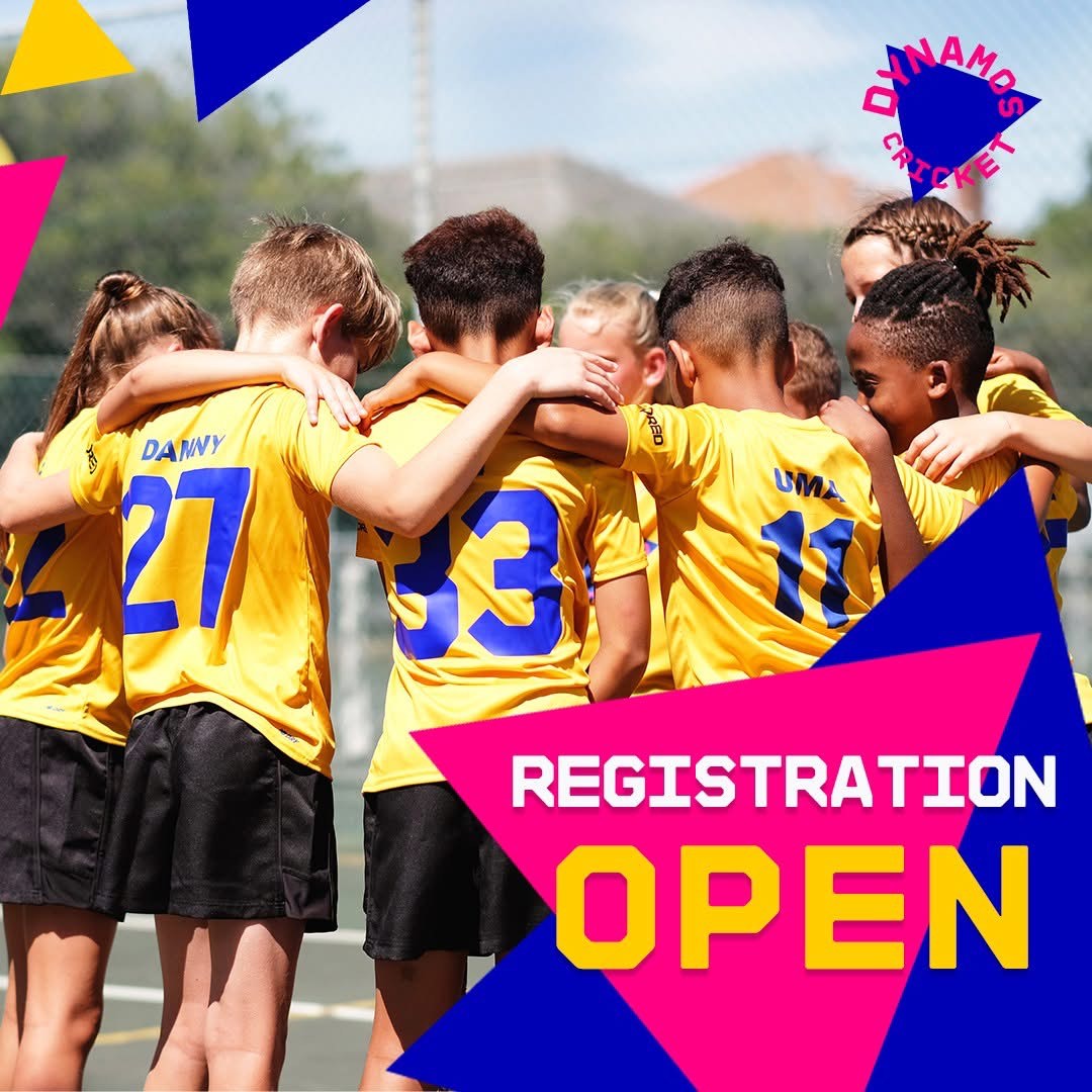 Children in yellow cricket sports jerseys hugging with colorful geometric shapes and 'DANAMOS' logo, indicating registration open for Dynamos and All Stars sessions 2026 at Menai Bridge Cricket Club.